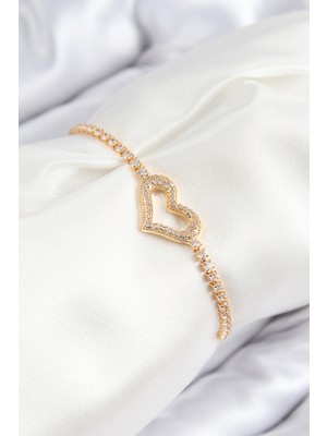 Pileli Store Pirinç Zirkon Taşlı Kalp Model Gold Renk Asansörlü Kadın Bileklik