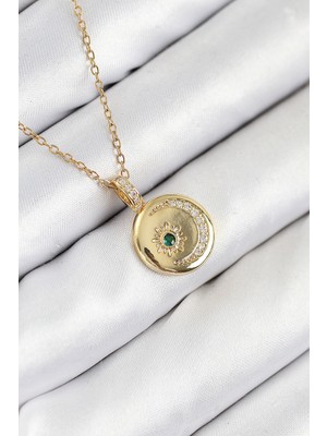 Pileli Store 316L Çelik Zirkon Taşlı Ay ve Güneş Model Gold Renk Kadın Kolye