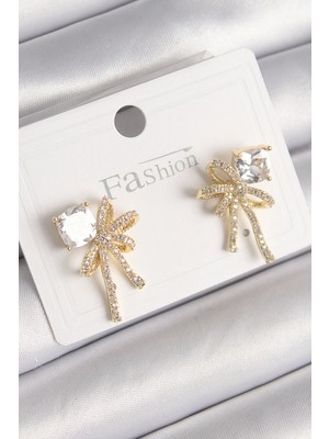 Pileli Store Pirinç Gold Renk Zirkon Taşlı Kurdele Model Kadın Küpe