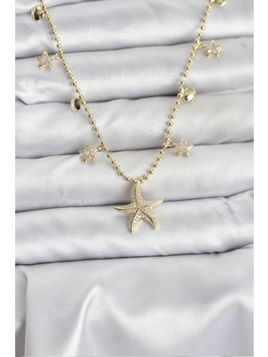 Pileli Store Pirinç Gold Renk Zirkon Taşlı Deniz Yıldızı Model Kadın Kolye