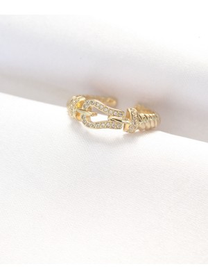 Pileli Store Kemer Tokası Tasarımlı Gold Renk Zirkon Taşlı Ayarlanabilir Yüzük
