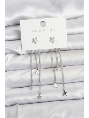 Pileli Store Yıldız Model Gümüş Renk Pirinç Sallantılı Kadın Küpe