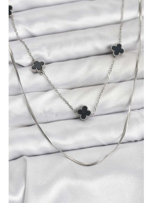 Pileli Store 316L Çelik Zincir Gümüş Renk Italyan Zincirli Siyah Yonca Model Kadın Kolye