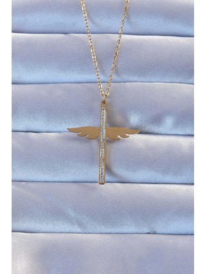 Pileli Store 316L Çelik Altın Renk Zirkon Taşlı Mikail Kolye