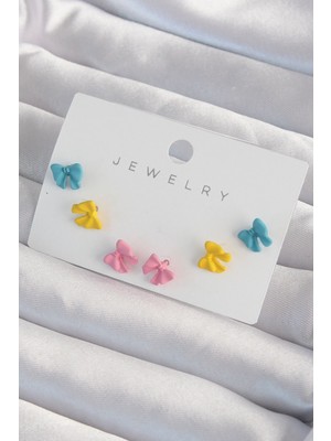 Pileli Store Pirinç Rengarenk Mineli Minimal Fiyonk Küpe Seti