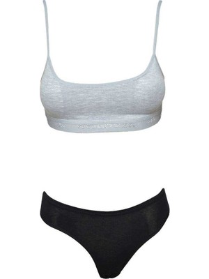 Pileli Store Pedli Ip Askılı Yarım Atlet Büstiyer Külot Takım Gri Siyah