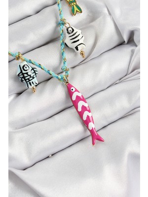 Pileli Store Seramik Motifli Pembe Balık Figürlü Model Mavi Ip Kadın Kolye