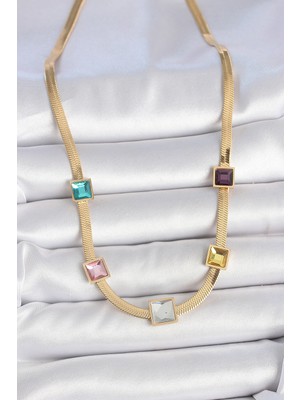 Pileli Store 316L Çelik Gold Renk Italyan Zincir Model Kare Renkli Zirkon Taşlı Kadın Kolye