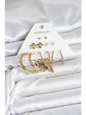 Pileli Store Pirinç Gold Renk 6 Çift Kadın Küpe Seti
