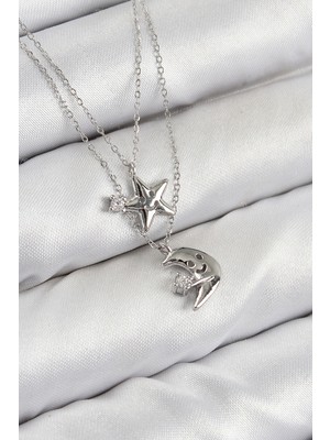 Pileli Store Pirinç Zirkon Taşlı Yıldız ve Ay Model Gümüş Renk Kadın Kolye