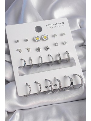 Pileli Store Pirinç Gümüş Renk Papatya Detaylı 12 Çiftli Kadın Küpe Seti