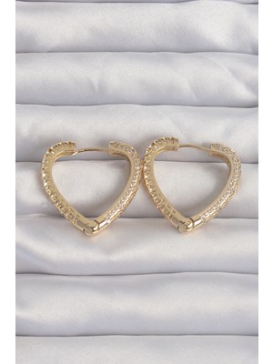 Pileli Store Pirinç Gold Renk Zirkon Taşlı Motifli Kalp Küpe