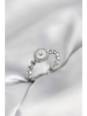 Pileli Store Gümüş Renk Sedefli Yıldız Model Zirkon Taşlı Kadın Yüzük