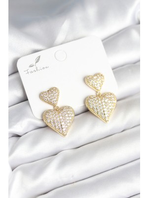 Pileli Store Kalp Model Zirkon Taşlı Gold Renk Pirinç Kadın Küpe