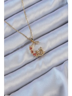 Pileli Store 316L Çelik Zincir Altın Renk Kırmızı Gül Detay Kedi Figür Zirkon Taşlı Ay Kolye