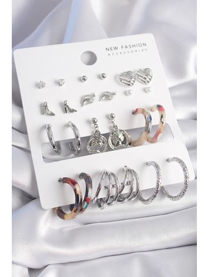 Pileli Store Pirinç Gümüş Renk Zirkon Taş Detaylı 12 Çift Kadın Küpe