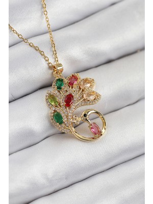 Pileli Store 316L Çelik Zirkon Taşlı Tavus Kuşu Model Gold Renk Kadın Kolye