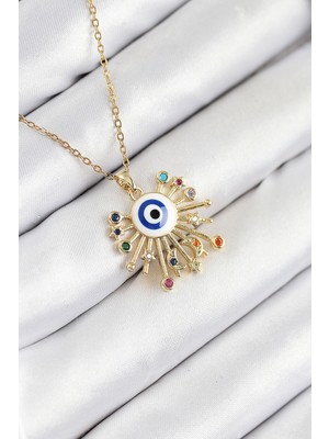Pileli Store 316L Çelik Zirkon Taşlı Nazar Model Gold Renk Kadın Kolye