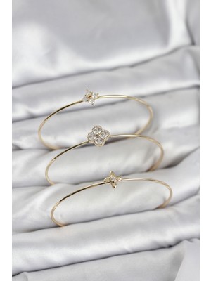 Pileli Store Zirkon Taşlı Gold Renk Yonca Tasarım 3'lü Kadın Bileklik Kombini