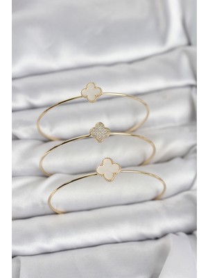Pileli Store Gold Renk Yonca Model Zirkon Taşlı 3'lü Kadın Bileklik Kombini