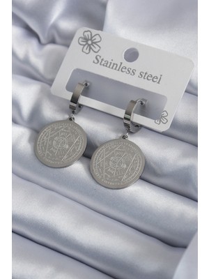 Pileli Store 316L Çelik Gümüş Renk Pentagram Yıldızı Işleme Kadın Küpe