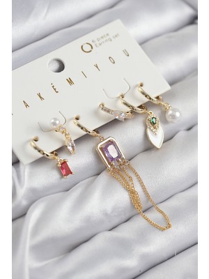 Pileli Store Pirinç Zirkon Taşlı Sallantılı ve Incili Gold Renk 6'lı Küpe Set