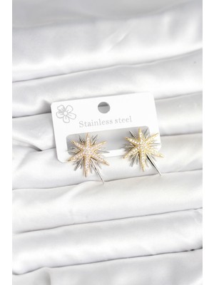 Pileli Store Pirinç Gümüş Renk Kutup Yıldızı Kadın Küpe