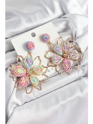 Pileli Store Pirinç Rainbow Çiçek Model Gold Renk Kadın Hasır Küpe