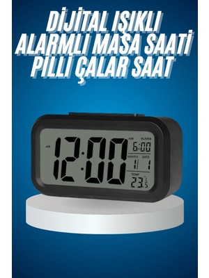 Pileli Store Işıklı Dereceli Masa Ofis Saati Alarmlı Termometre Takvim Çalar Saat
