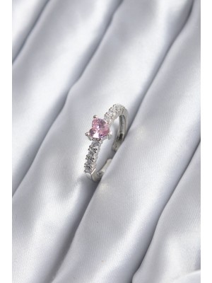 Pileli Store Gümüş Renk Zirkon Taşlı Pembe Kristal Kalp Model Kadın Yüzük