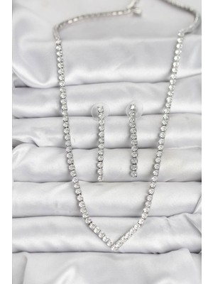 Pileli Store Gümüş Renk Zirkon Taşlı Kadın Kolye Küpe Seti