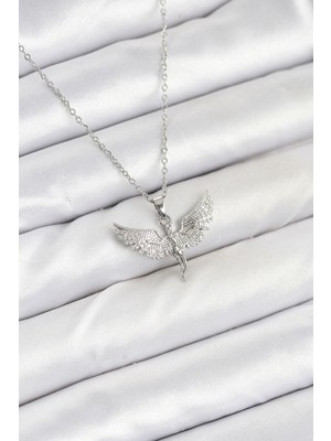 Pileli Store 316L Çelik Zincir Gümüş Renk Melek Model Kadın Kolye