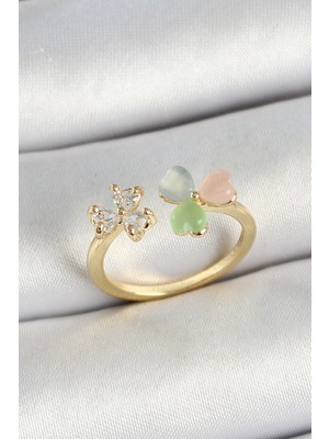 Pileli Store Pirinç Kalp Figürlü Zirkon Taşlı Gold Renk Ayarlanabilir Kadın Yüzük