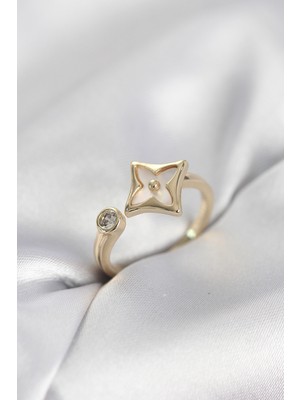 Pileli Store Gold Renk Köşeli Yonca Model Zirkon Taşlı Kadın Yüzük