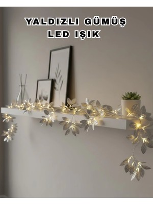 Pileli Store Yaldızlı Gümüş Yaprak LED Işık Pilli Dekoratif Ortam ve Yılbaşı Aydınlatması