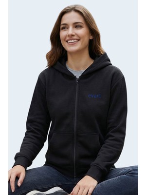 Evavi Kadın Logo Baskılı Kapüşonlu Fermuarlı Sweatshirt Ceket