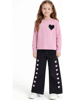 Cansın Mini Pembe Kalp Desenli Badili Jean Pantolonlu Kız Çocuk 2li Takım  23744