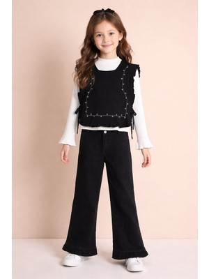 Cansın Mini Siyah Geniş Paça Pantolonlu Taş Detaylı 3lü Kız Çocuk Jean Takım 23739
