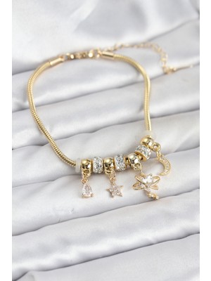 Pileli Store Pirinç Gold Renk Kalpli Model Charmlı Kadın Bileklik - TJ-BB8177