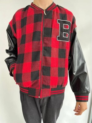 Hobilinka Erkek Pötikare Desen Nakışlı Kolej Ceket - Kırmızı