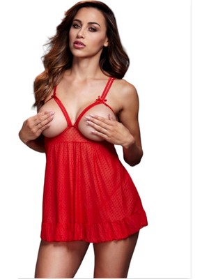 Pileli Store  Fantezi Seksi Kırmızı Göğüsü Açık Puantiyeli Gecelik TG2710122