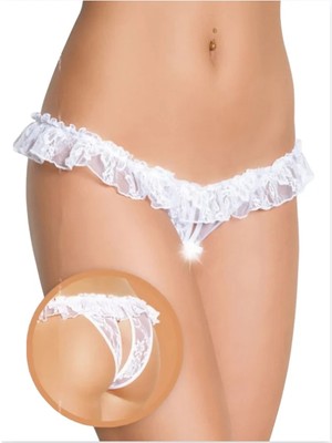 Pileli Store  Fantezi Üstü Fırfırlı Ağı Açık Beyaz Dantel Tanga - String TG270021