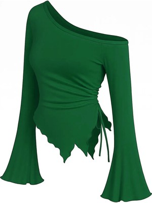 Pileli Store Kadın Yeşil Uzun Ispanyol Kollu Asimetirik Yaka Yandan Bağlamalı Drapeli Bluz