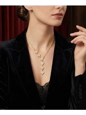 Melisa Takı & Aksesuar 316L Çelik Gold Renk Yonca Element Zirkon Taşlı Y Kolye