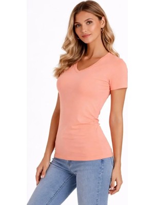 Hobilinka T-Shirt V Yaka Slim Fit Likralı Tişört Günlük Basic Body - Toz Pembe