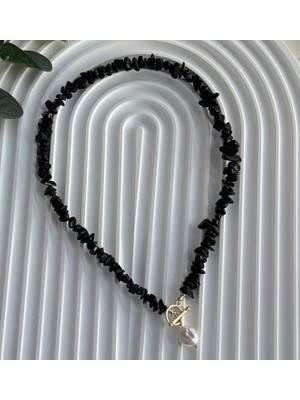 Taşmir Obsidyen Taşı Şekilsiz Kolye Gerçek Inci Kolye Uçlu - Altın Kaplama T Kilit