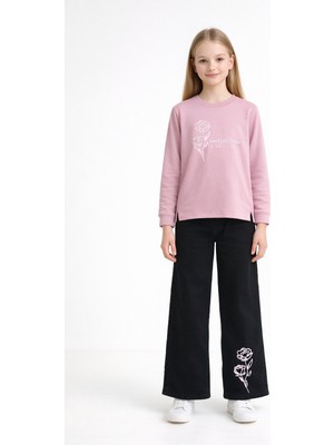 Cansın Mini Pembe Gül Nakışlı Badili Jean Pantolonlu Kız Çocuk 2li Takım 23750