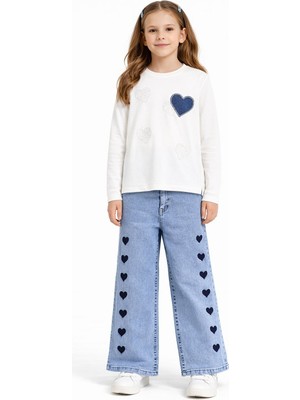 Cansın Mini Ekru Kalp Desenli Badili Jean Pantolonlu Kız Çocuk 2li Takım  23745