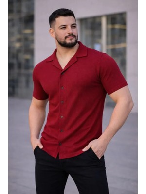 Hobilinka Erkek Waffle Kumaş Kısa Kollu Düğmeli Açık Yaka Regular Fit Gömlek - Kırmızı