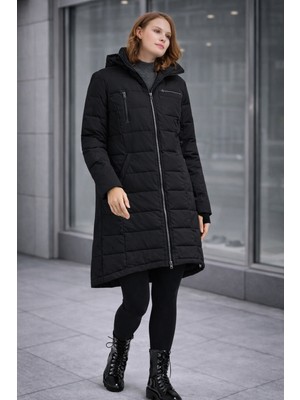 Barbora Siyah Kadın Uzun Kışlık Şişme Mont V Yaka Tasarımlı Su İtici Günlük Model